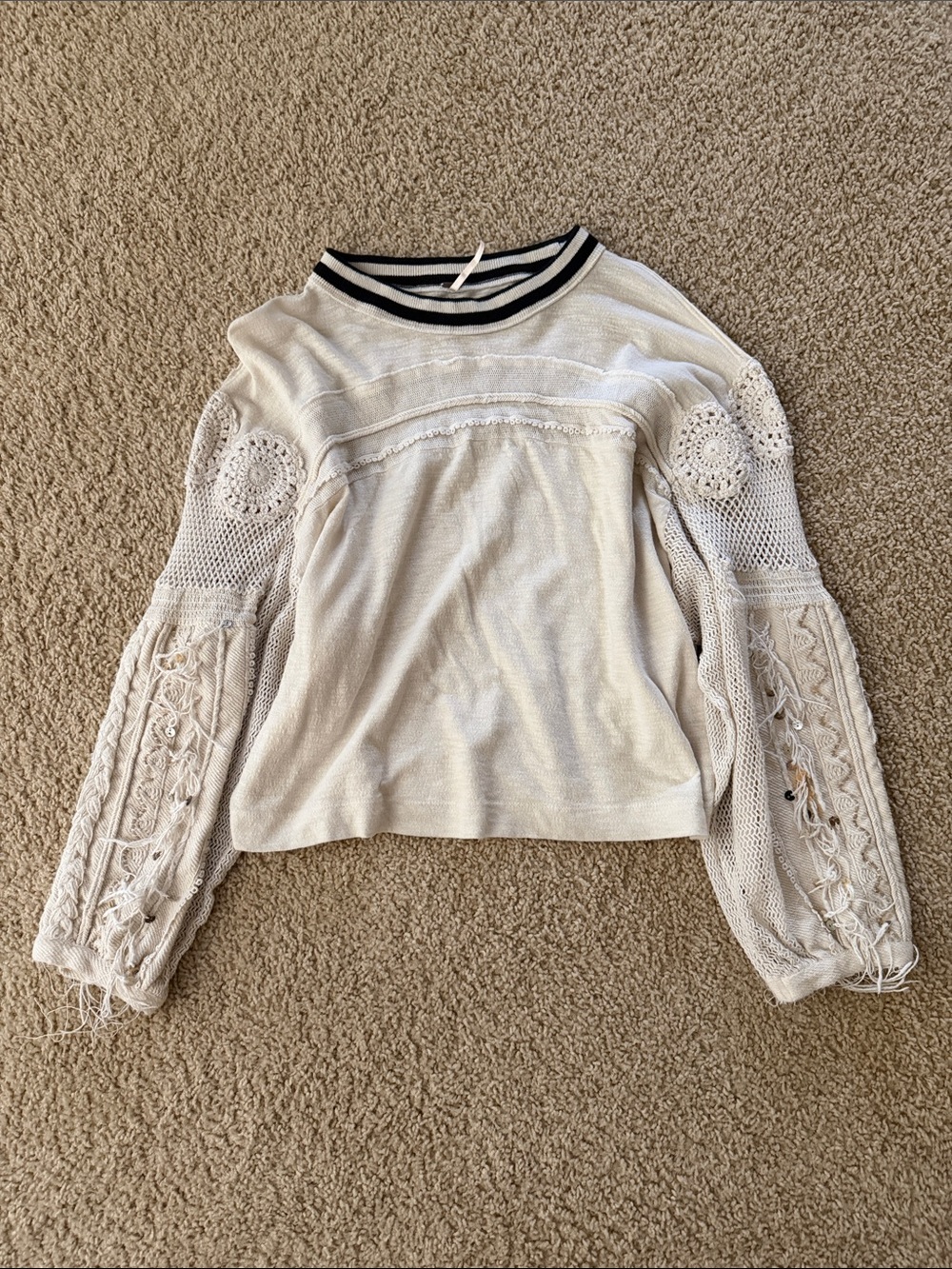Free People Cream Knit Pullover with Crochet Lace Balloon Sleeves